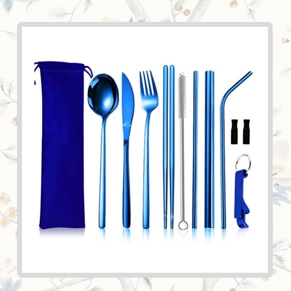 🌺 10PC SILVERWARE DINNER CAMP KITCHEN TRAVEL PORTABLE FORK KNIFE SPOON STRAW - Picture 1 of 3